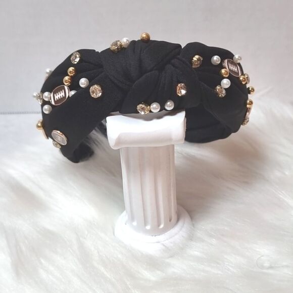 FOOTBALL SPIRIT WIDE BLACK JEWELED HEADBAND - Picture 2 of 9